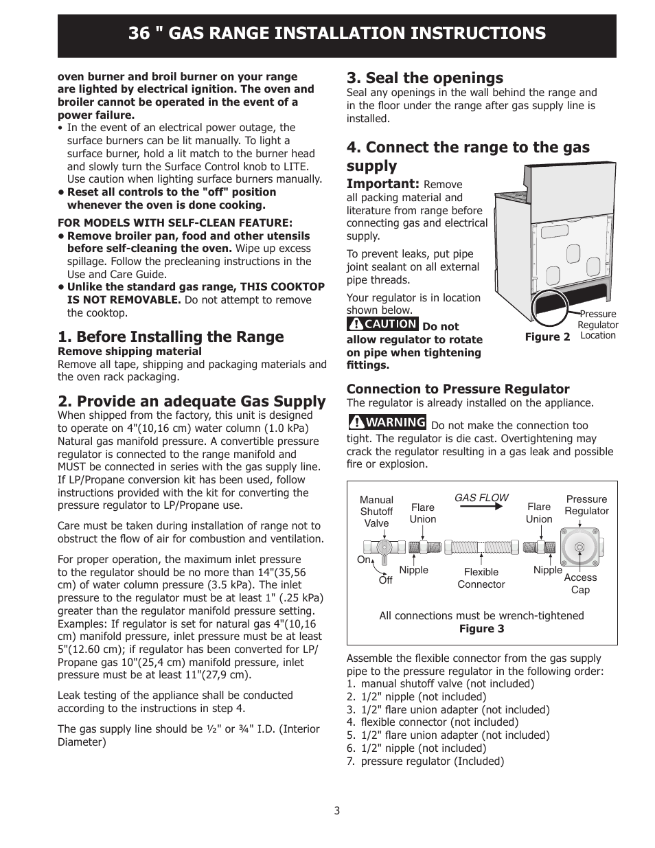 36 " gas range installation instructions, Seal the openings, Connect the range to the gas supply | Before installing the range, Provide an adequate gas supply | FRIGIDAIRE FPGF3685LS User Manual | Page 3 / 16