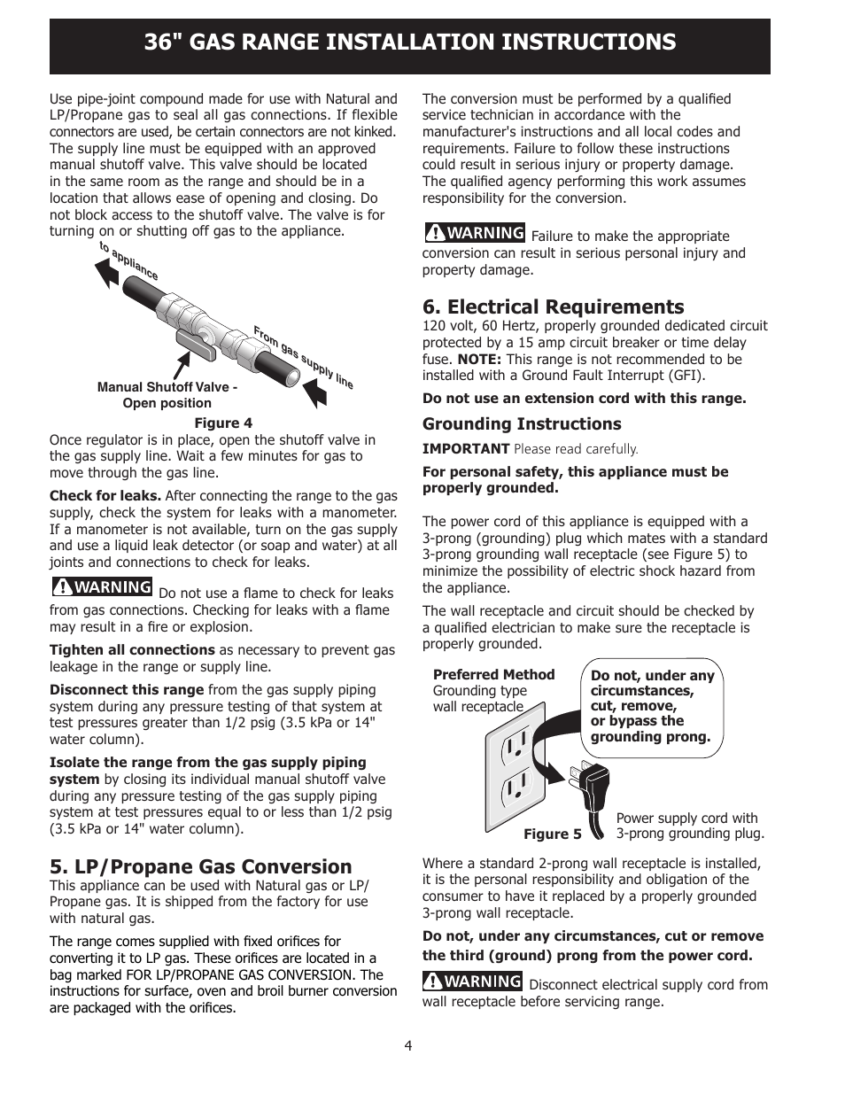 36" gas range installation instructions, Lp/propane gas conversion, Electrical requirements | FRIGIDAIRE FPGF3685LS User Manual | Page 4 / 16