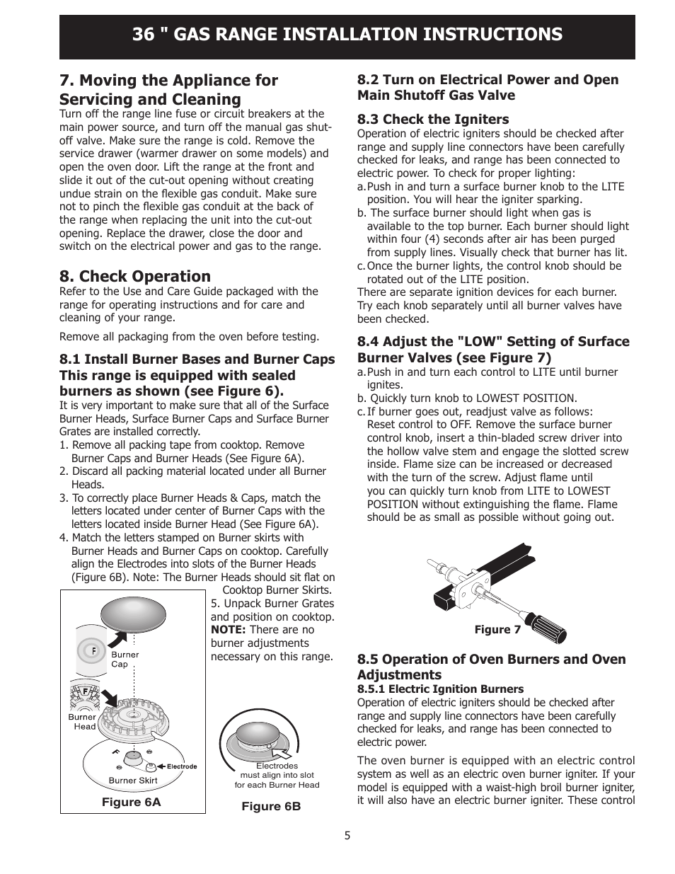 36 " gas range installation instructions, Moving the appliance for servicing and cleaning, Check operation | FRIGIDAIRE FPGF3685LS User Manual | Page 5 / 16