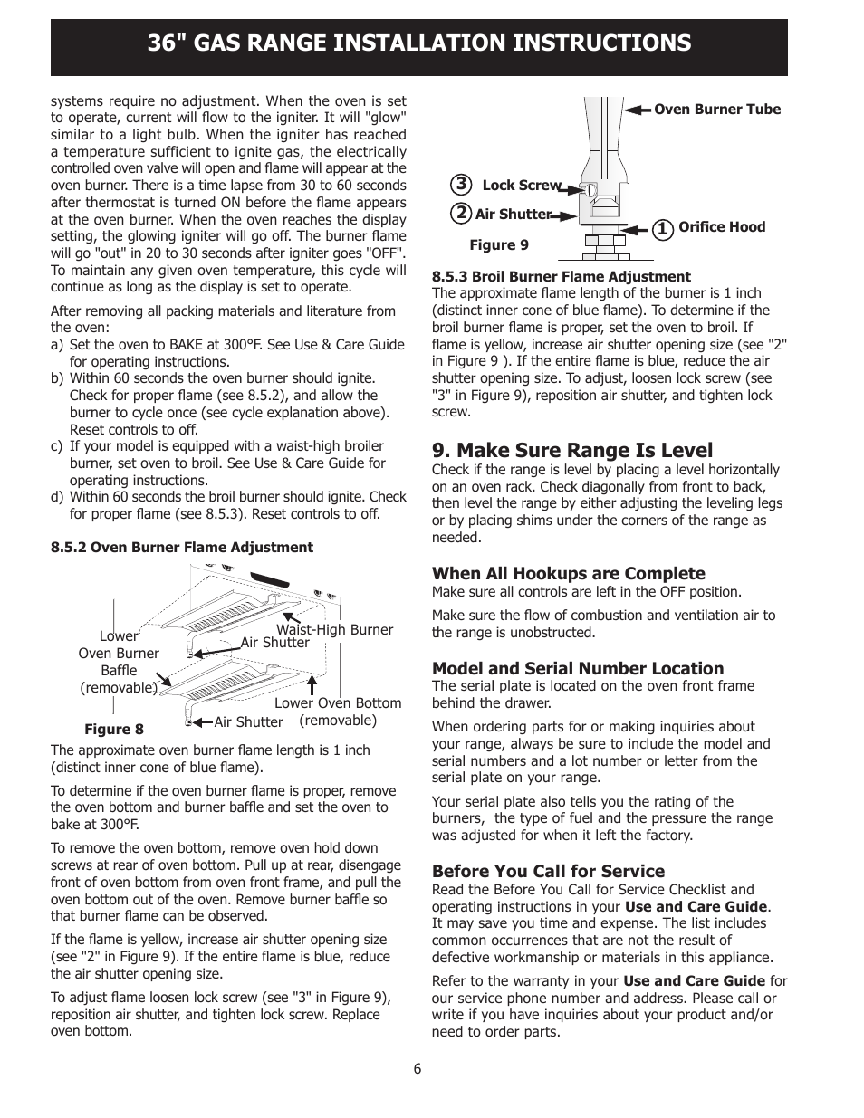 36" gas range installation instructions, Make sure range is level | FRIGIDAIRE FPGF3685LS User Manual | Page 6 / 16