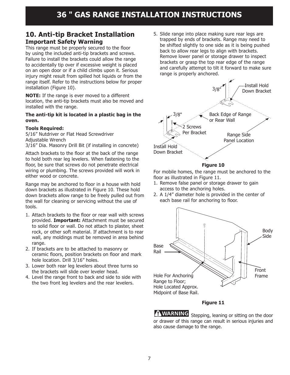 36 " gas range installation instructions, Anti-tip bracket installation | FRIGIDAIRE FPGF3685LS User Manual | Page 7 / 16