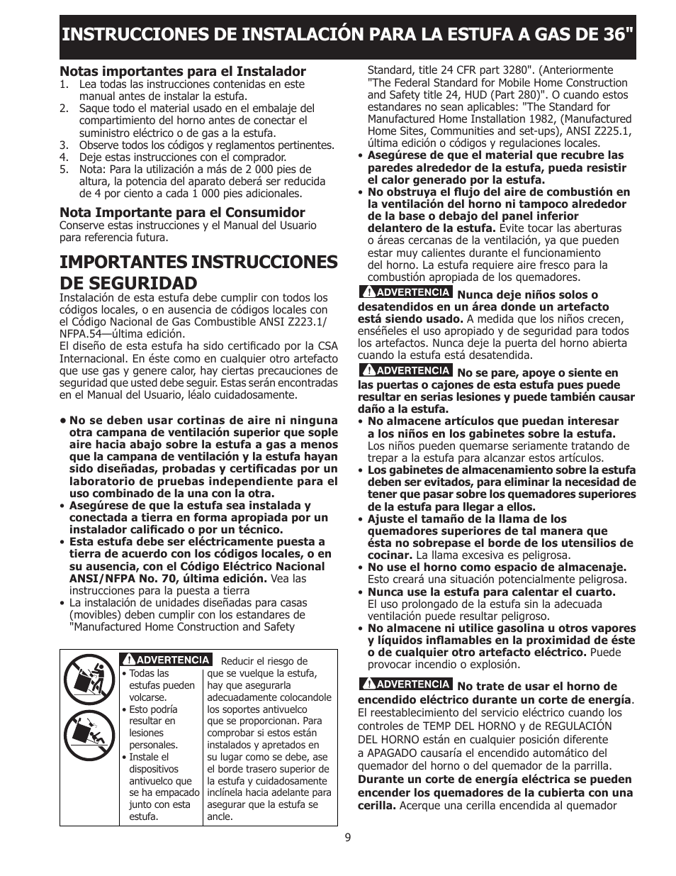 Importantes instrucciones de seguridad | FRIGIDAIRE FPGF3685LS User Manual | Page 9 / 16