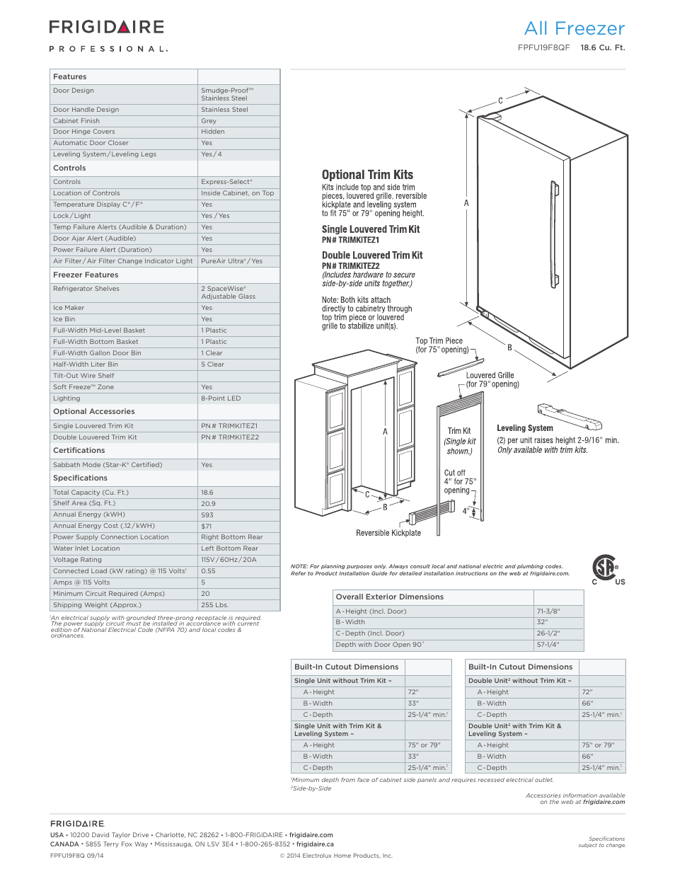 All freezer (18.6 cu. ft.) professional, All freezer | FRIGIDAIRE FPFU19F8QF User Manual | Page 2 / 4