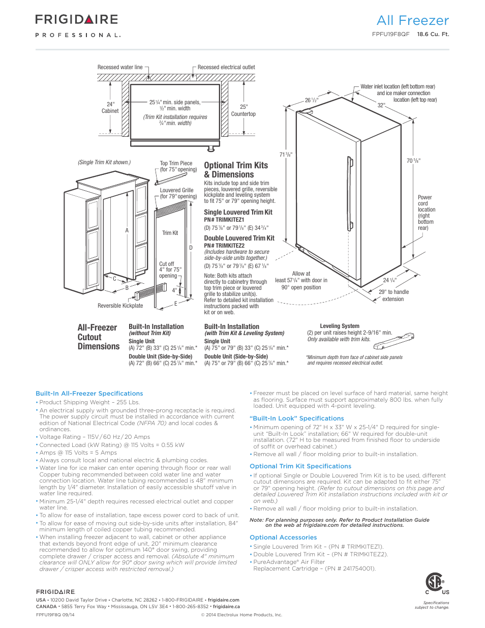 All freezer (18.6 cu. ft.), Professional, All freezer | With ice maker, Built-in installation, Single louvered trim kit, Double louvered trim kit | FRIGIDAIRE FPFU19F8QF User Manual | Page 3 / 4
