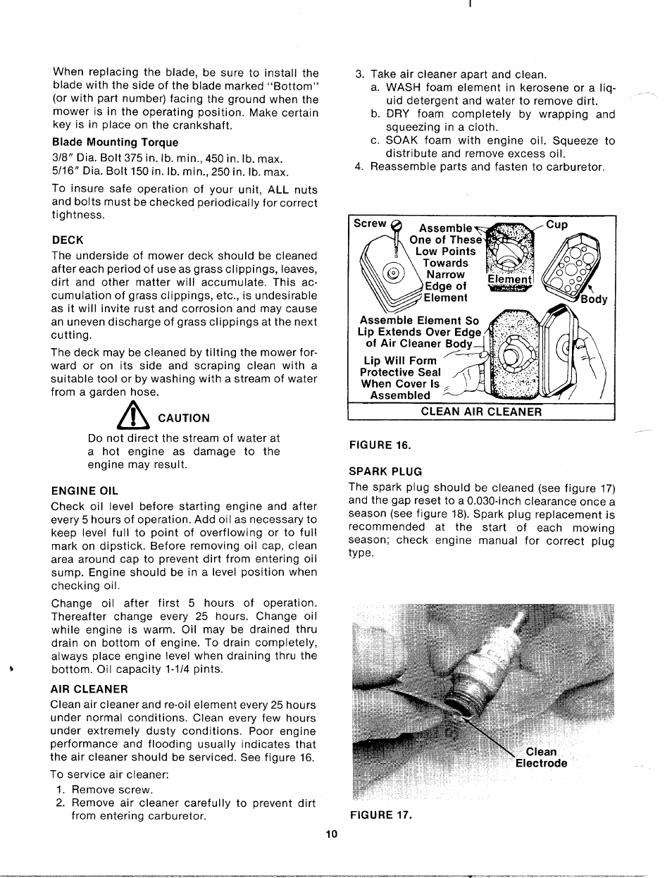 Deck, Caution, Engine oil | Air cleaner, Clean air cleaner, Figure 16, Spark plug, Clean | Bolens 112-170-300 User Manual | Page 10 / 16