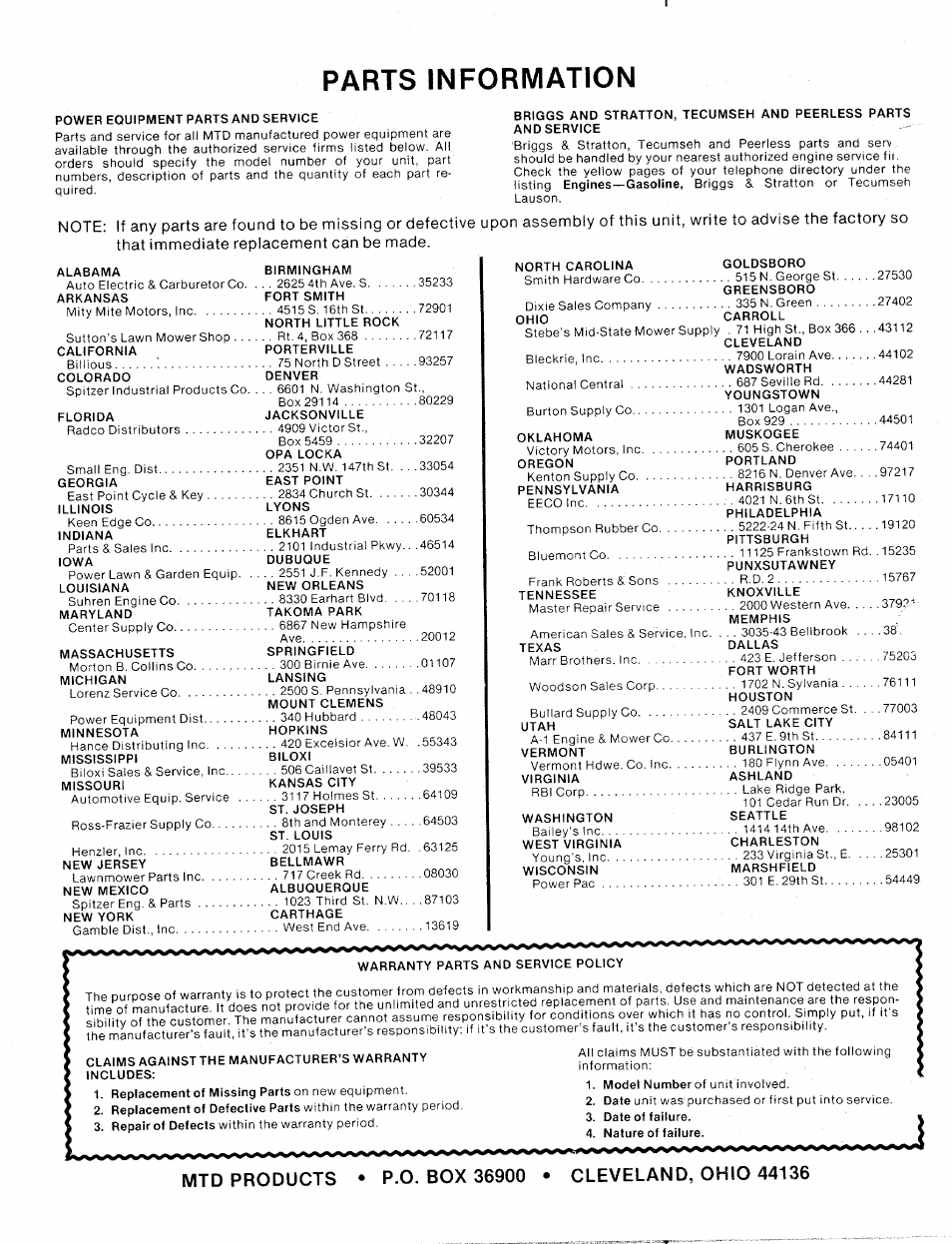 Parts information | Bolens 112-170-300 User Manual | Page 16 / 16