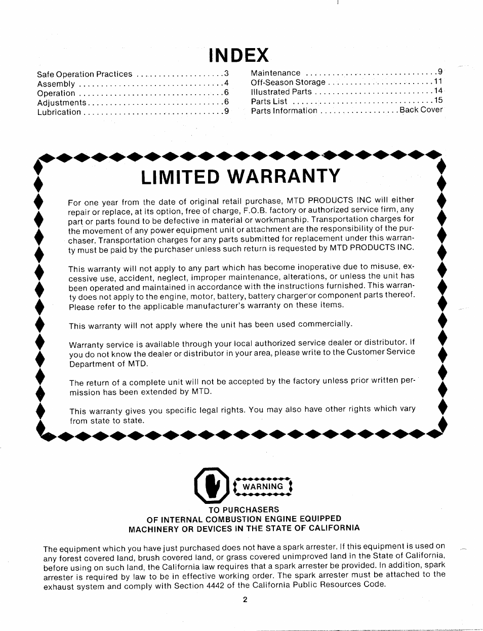 Index, Limited warranty | Bolens 112-170-300 User Manual | Page 2 / 16