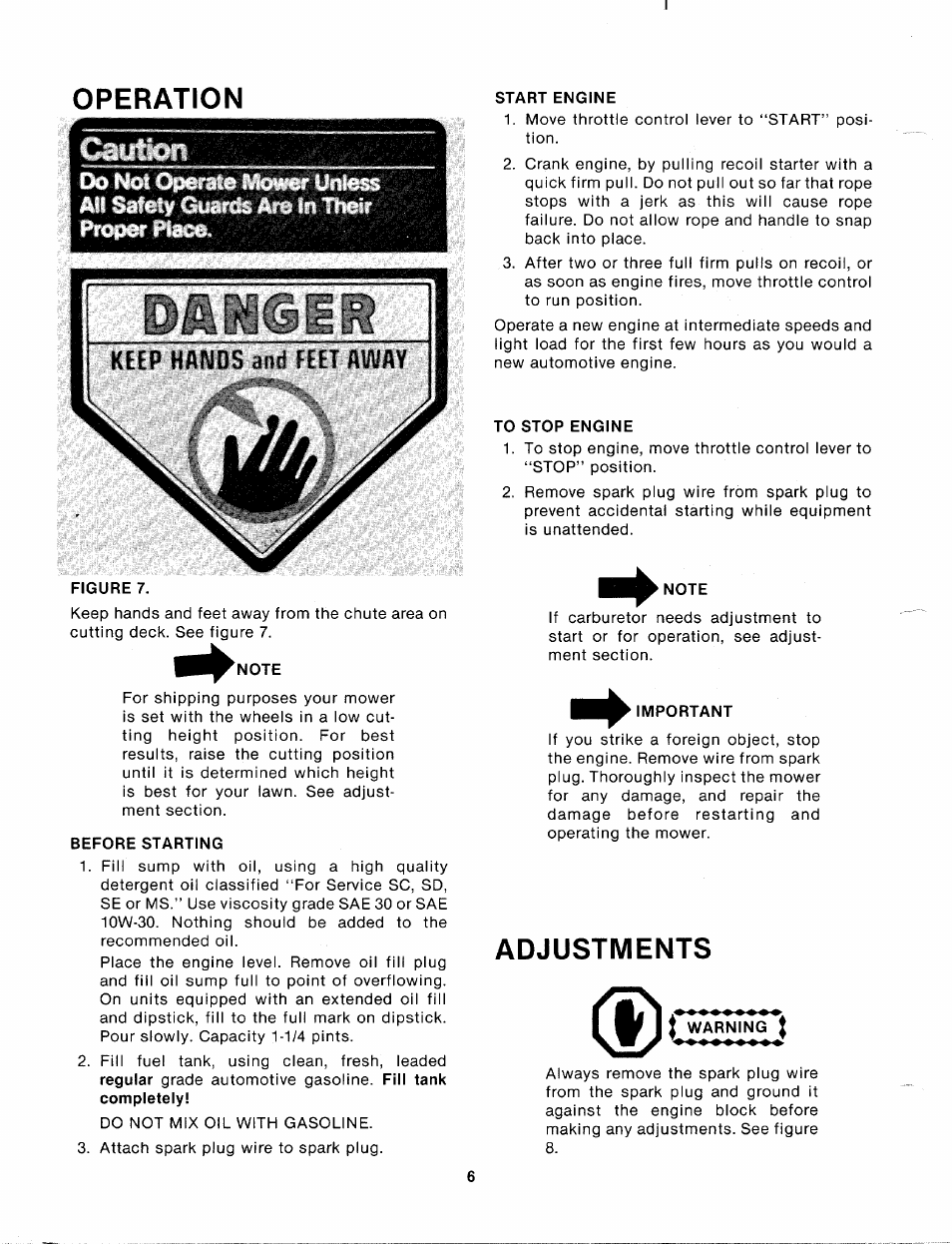 Before starting, To stop engine, Important | Adjustments, I warning, Operation, Caution, Not operate unl^ all safclf guaiis a» lit | Bolens 112-170-300 User Manual | Page 6 / 16