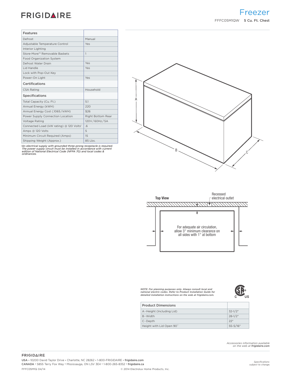 Chest freezers frigidaire baseline, Freezer | FRIGIDAIRE FFFC05M1QW User Manual | Page 2 / 3