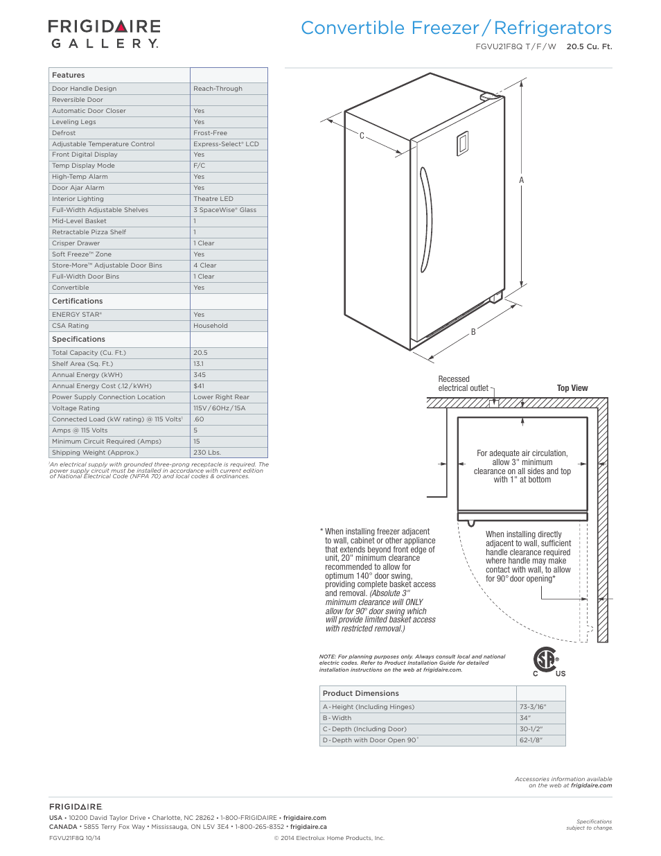 Upright freezers_q models frigidaire gallery, Convertible freezer / refrigerators | FRIGIDAIRE FGVU21F8QT User Manual | Page 2 / 3