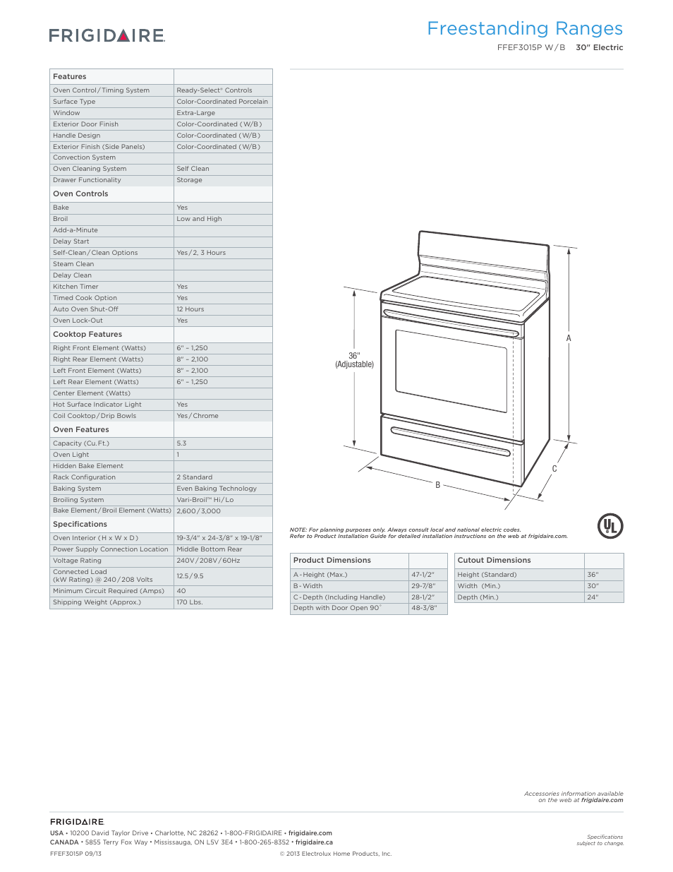 Freestanding ranges | FRIGIDAIRE FFEF3015PW User Manual | Page 2 / 7