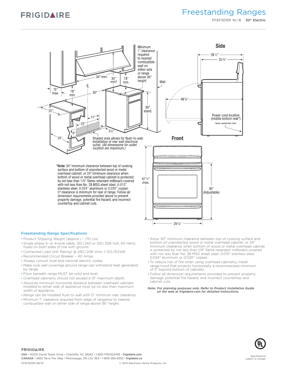Freestanding ranges | FRIGIDAIRE FFEF3015PW User Manual | Page 3 / 7