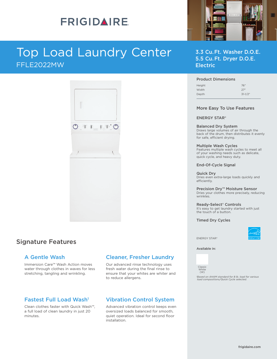 FRIGIDAIRE FFLE2022MW User Manual | 3 pages