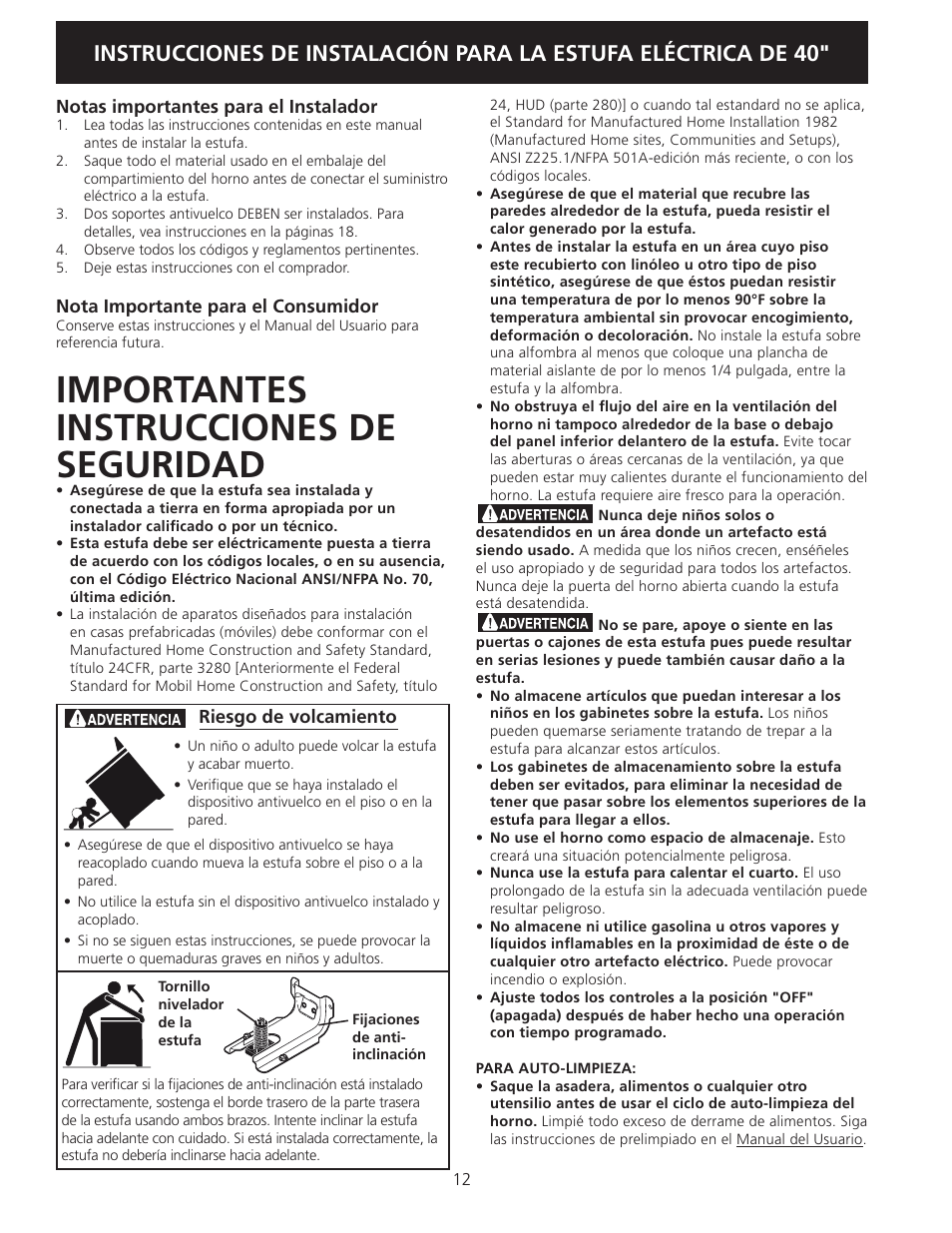 Importantes instrucciones de seguridad | FRIGIDAIRE FPEF4085KF User Manual | Page 12 / 20