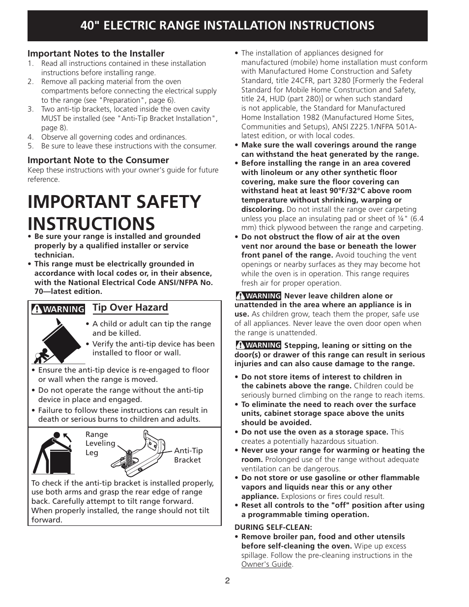 Important safety instructions, 40" electric range installation instructions, Tip over hazard | FRIGIDAIRE FPEF4085KF User Manual | Page 2 / 20