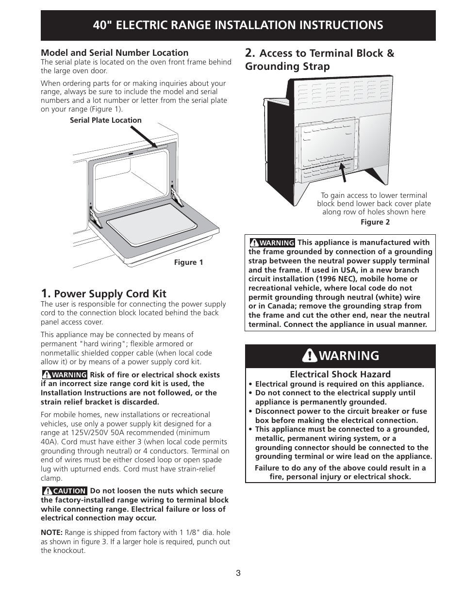 40" electric range installation instructions, Power supply cord kit, Access to terminal block & grounding strap | FRIGIDAIRE FPEF4085KF User Manual | Page 3 / 20