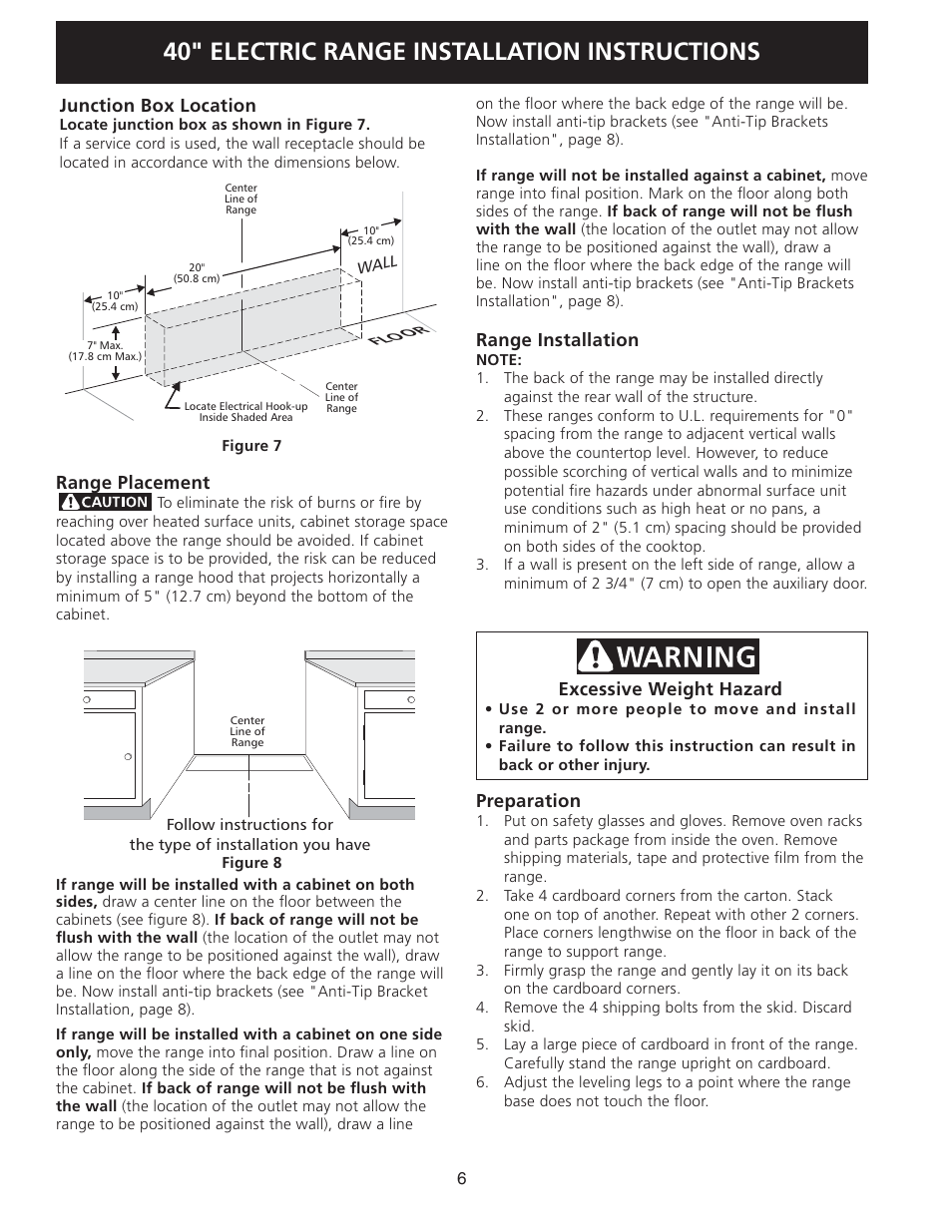 40" electric range installation instructions, Junction box location, Range placement | Range installation, Excessive weight hazard, Preparation | FRIGIDAIRE FPEF4085KF User Manual | Page 6 / 20