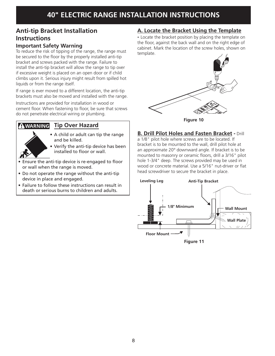 40" electric range installation instructions, Anti-tip bracket installation instructions, Tip over hazard | FRIGIDAIRE FPEF4085KF User Manual | Page 8 / 20