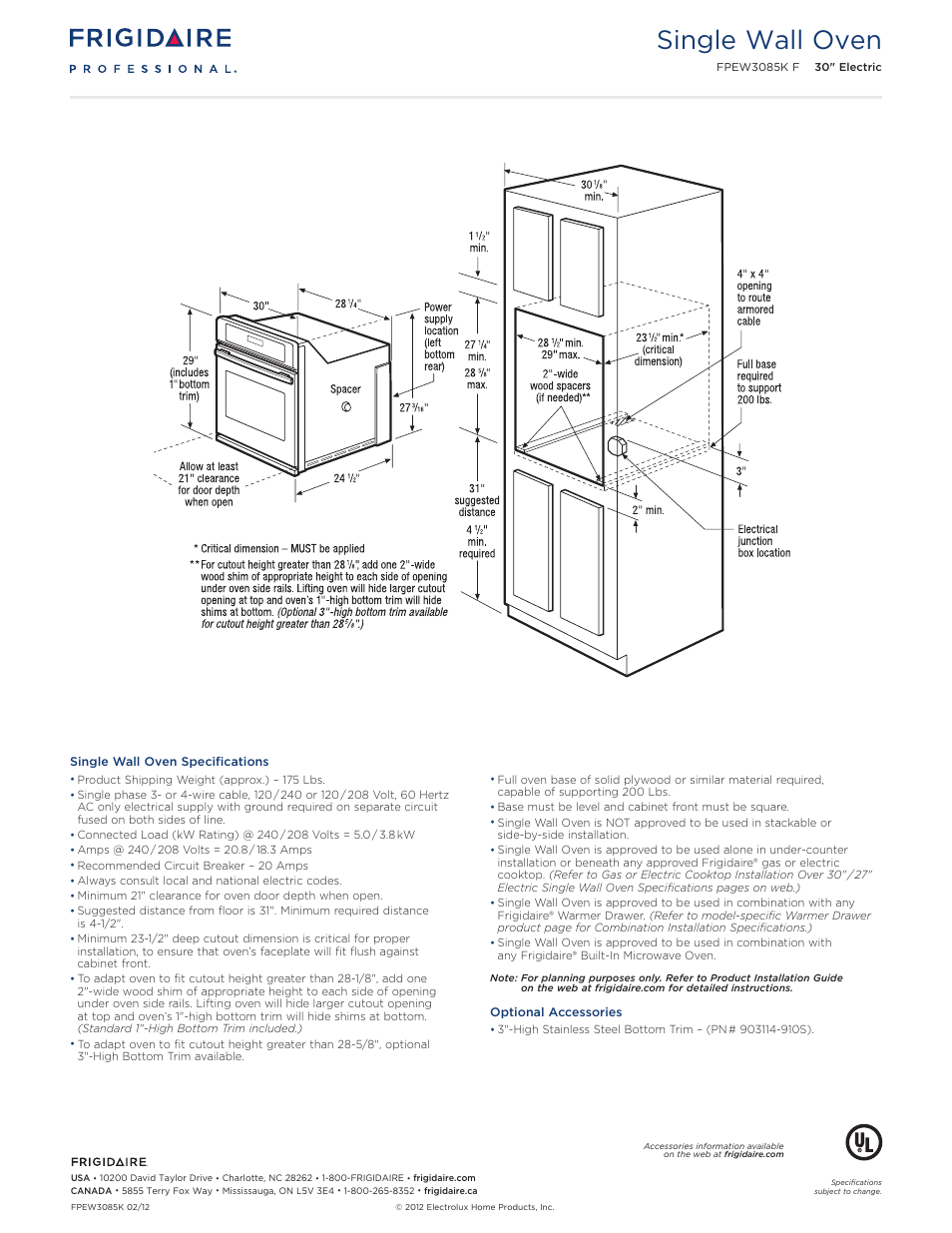 30" single electric wall oven professional, Single wall oven | FRIGIDAIRE FPEW3085KF User Manual | Page 3 / 12