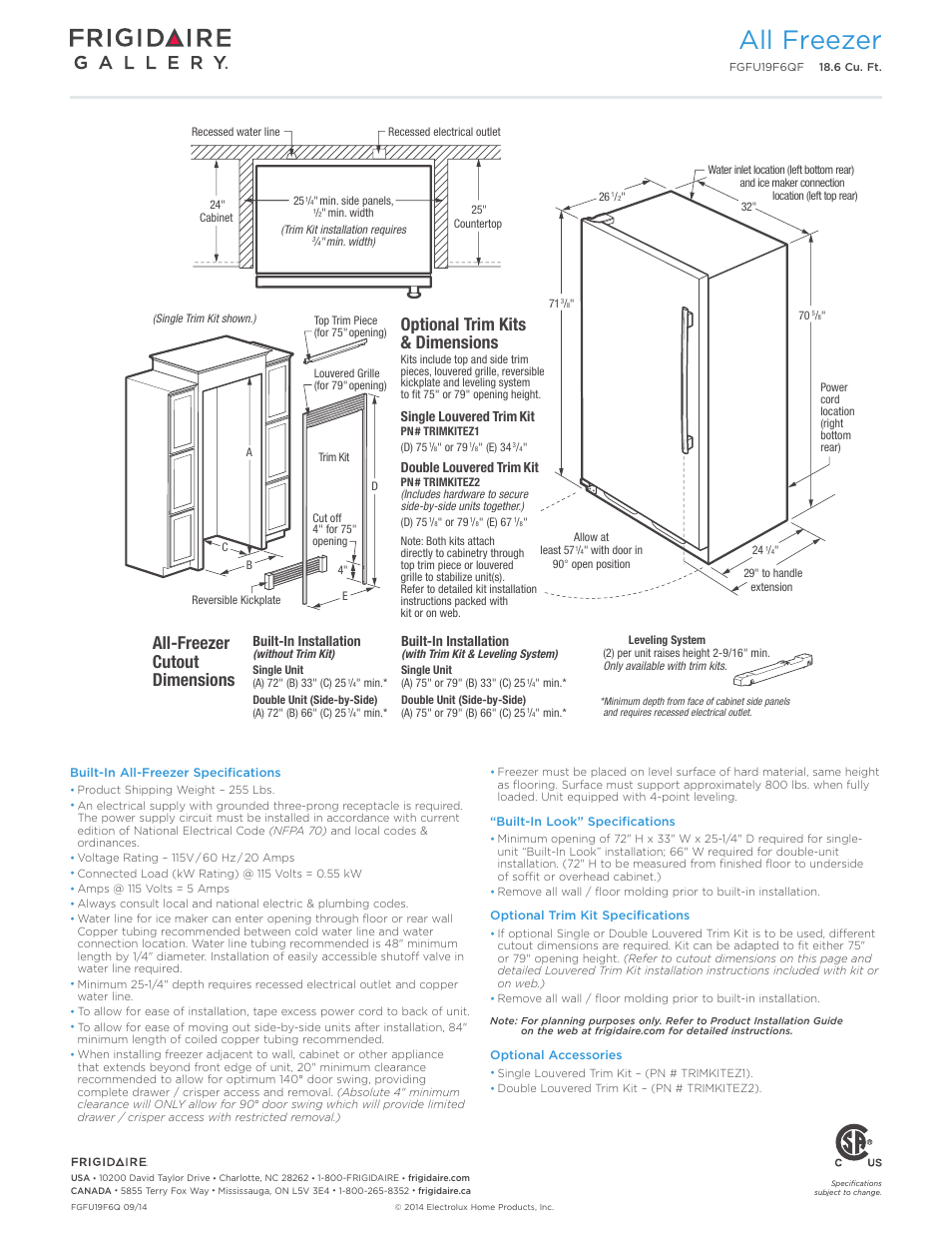 All freezer (18.6 cu. ft.), Professional, All freezer | With ice maker, Built-in installation, Single louvered trim kit, Double louvered trim kit | FRIGIDAIRE FGFU19F6QF User Manual | Page 3 / 4