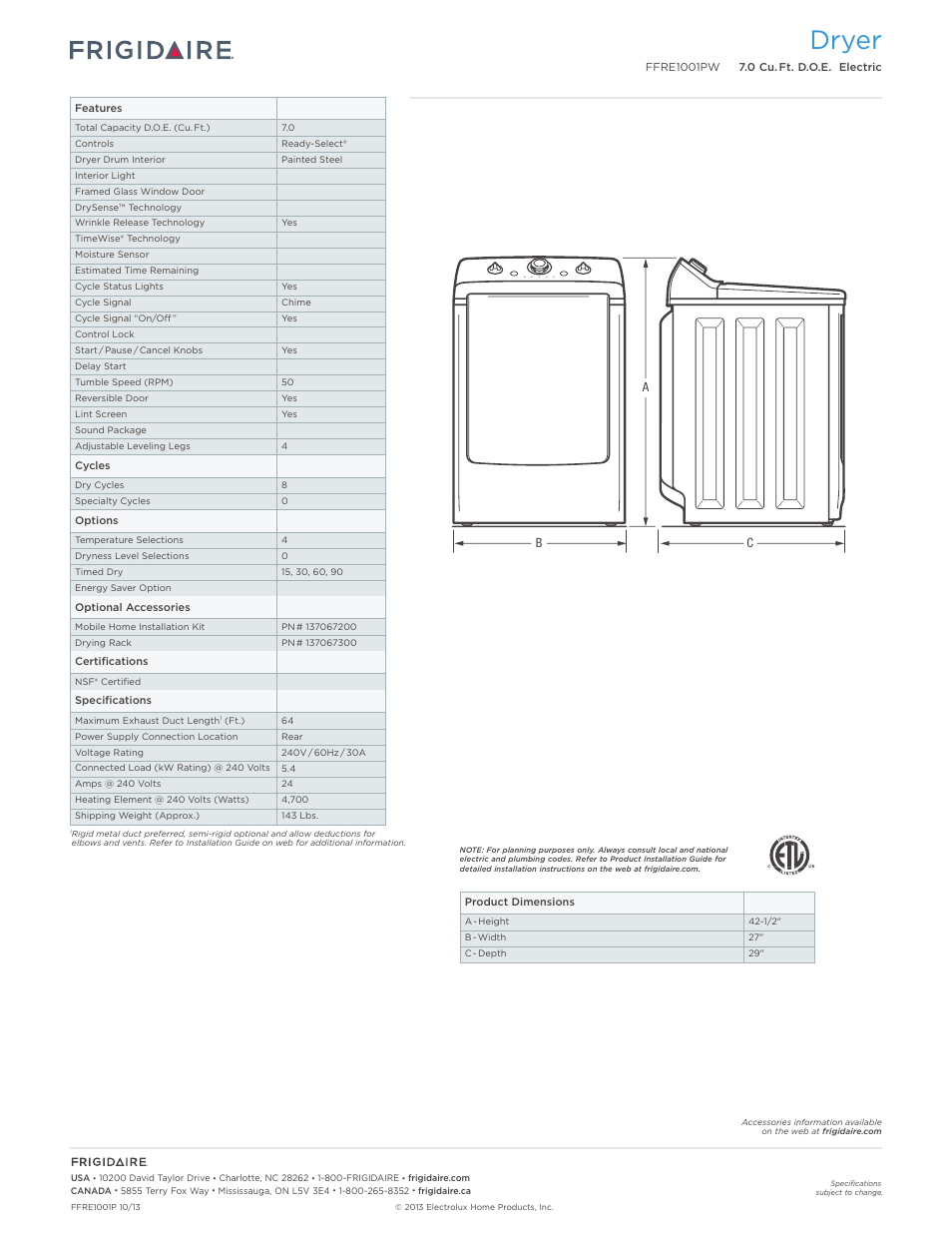 Dryer | FRIGIDAIRE FFRE1001PW User Manual | Page 2 / 3