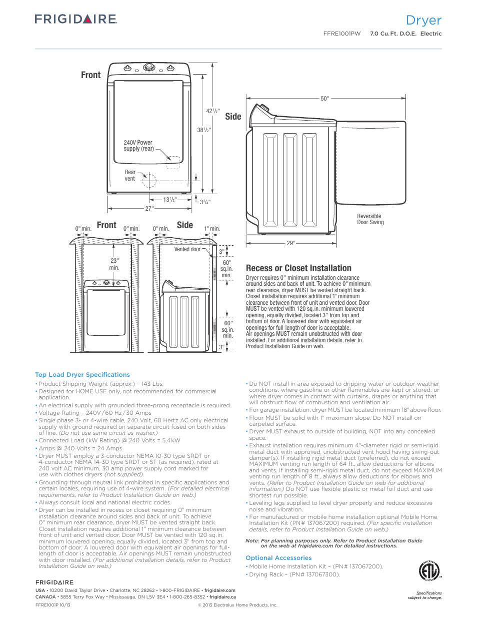 Dryer, Recess or closet installation, Side | Front | FRIGIDAIRE FFRE1001PW User Manual | Page 3 / 3