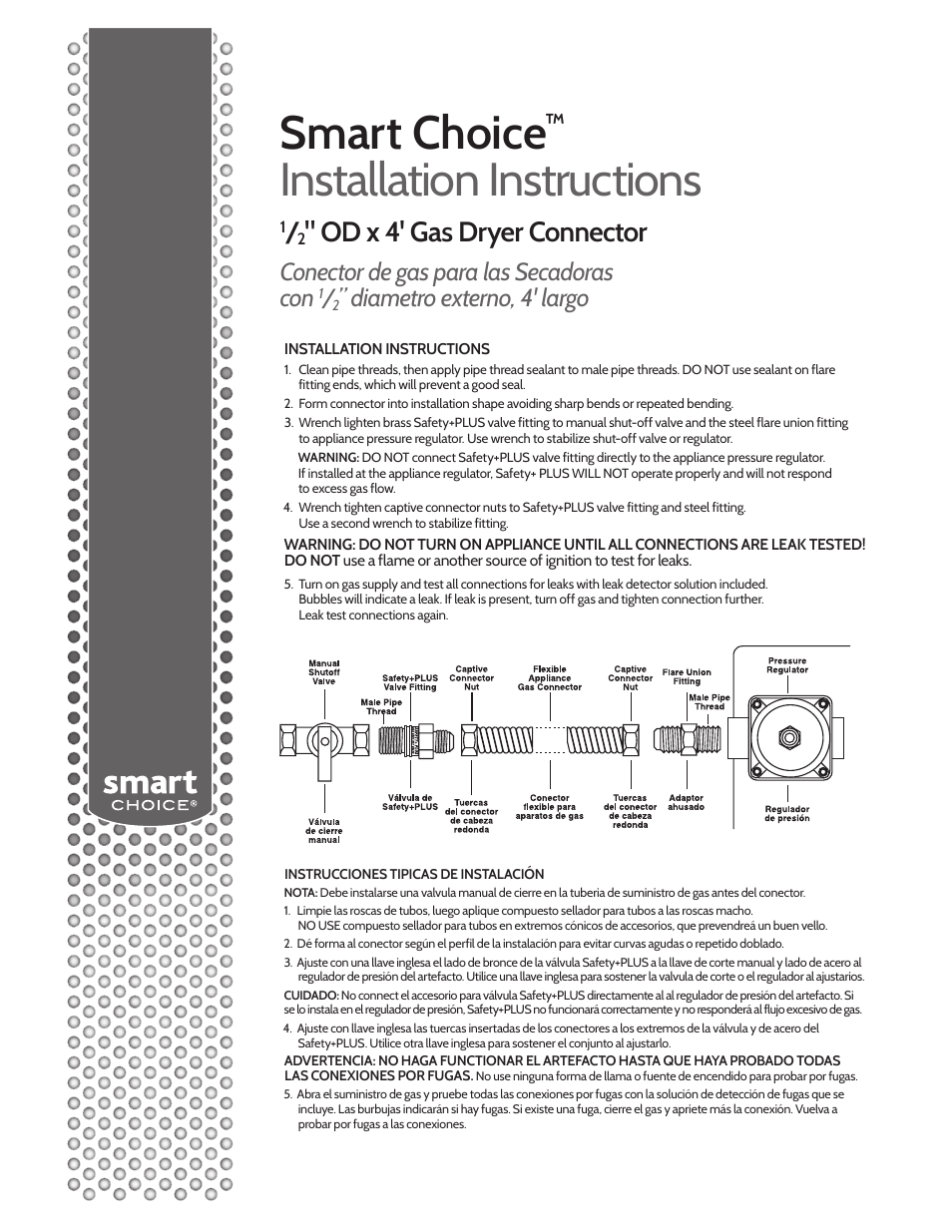 Smart choice, Installation instructions, Od x 4' gas dryer connector | Conector de gas para las secadoras con, Diametro externo, 4' largo | FRIGIDAIRE 5305515146 User Manual | Page 2 / 2