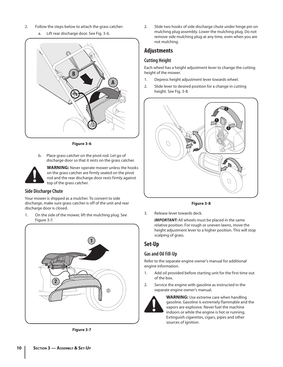 Adjustments, Set-up, Cutting height | Gas and oil fill-up, Side discharge chute | MTD Model 54K User Manual | Page 10 / 20