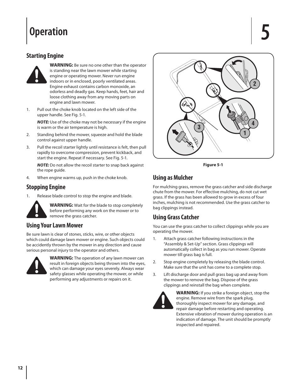 Operation, Starting engine, Stopping engine | Using your lawn mower, Using as mulcher, Using grass catcher | MTD Model 54K User Manual | Page 12 / 20