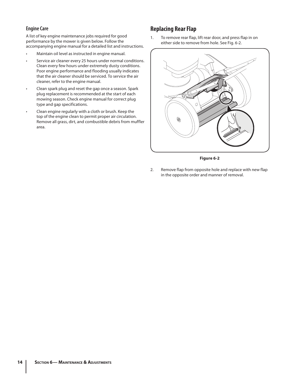 Replacing rear flap, Engine care | MTD Model 54K User Manual | Page 14 / 20