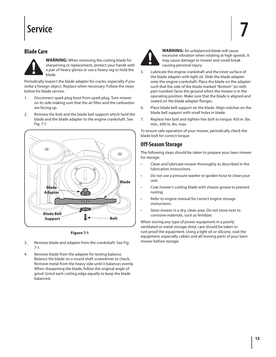 Service, Off-season storage, Blade care | MTD Model 54K User Manual | Page 15 / 20