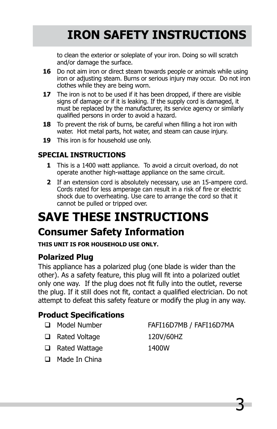Iron safety instructions, Save these instructions, Consumer safety information | FRIGIDAIRE FAFI16D7MB User Manual | Page 3 / 10