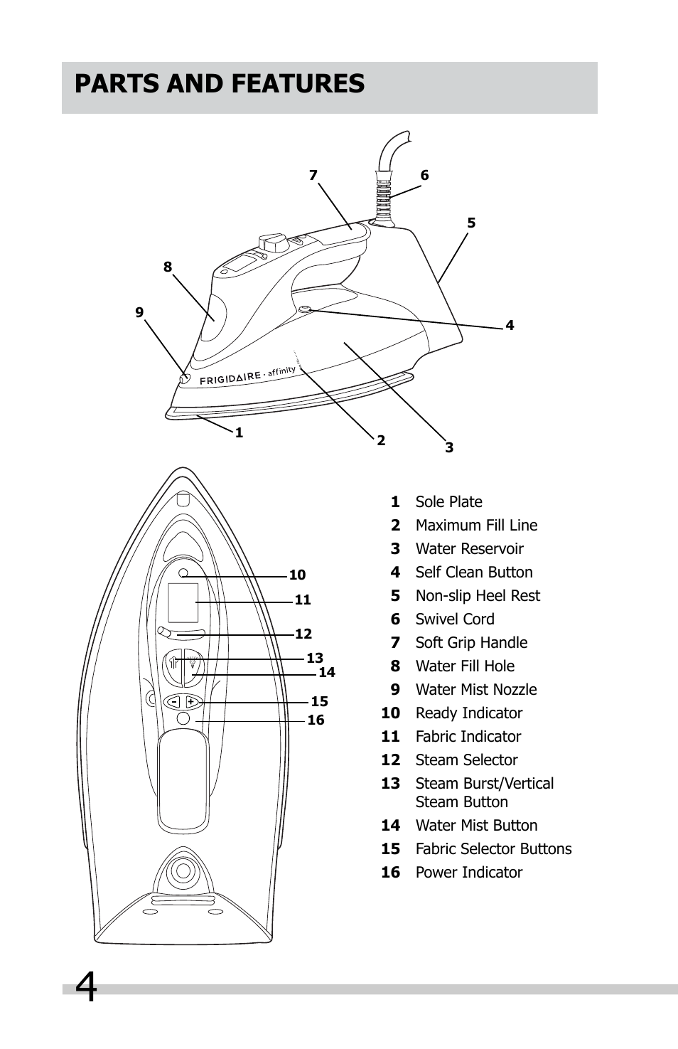 Parts and features | FRIGIDAIRE FAFI16D7MB User Manual | Page 4 / 10