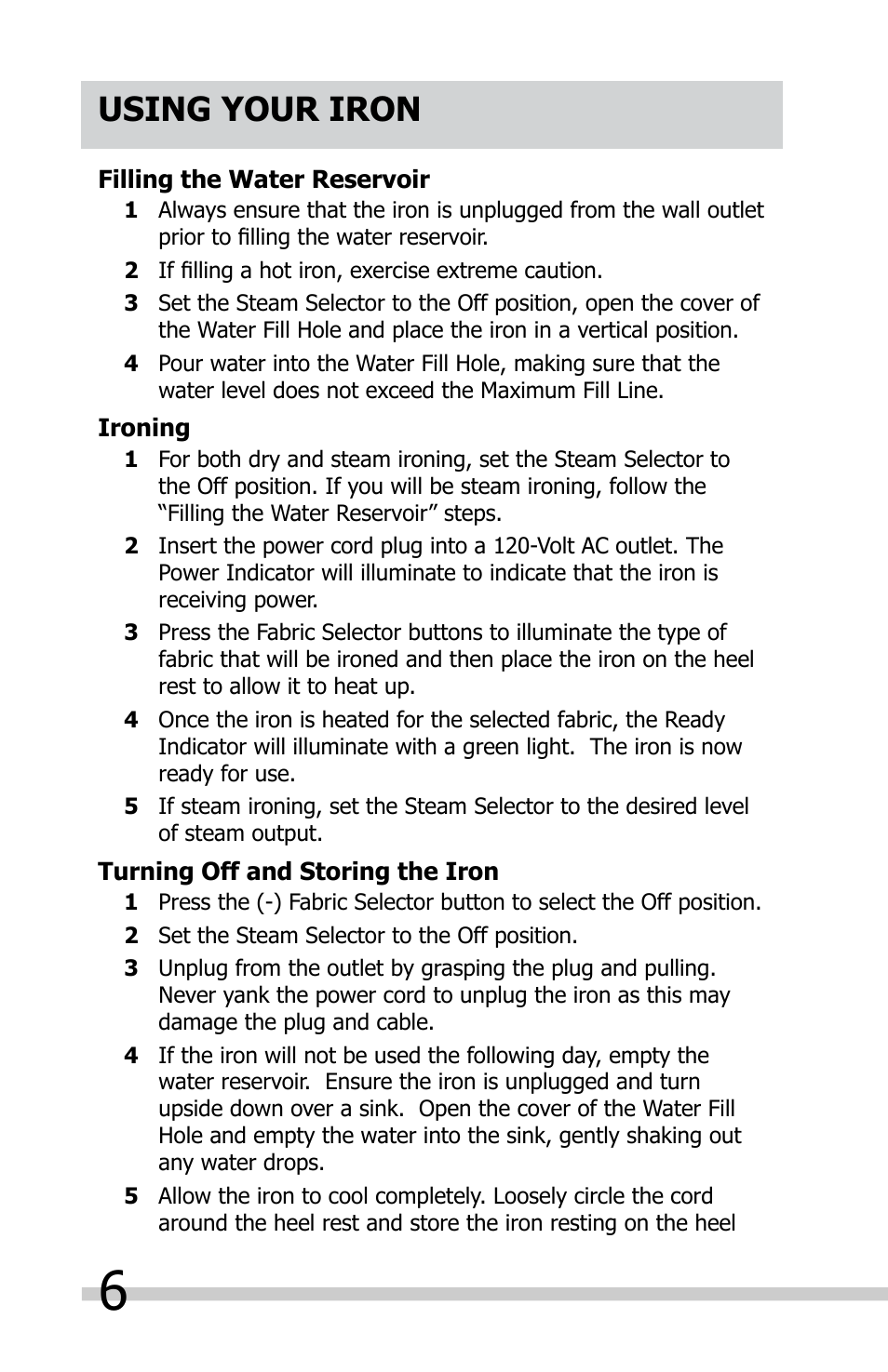 Using your iron | FRIGIDAIRE FAFI16D7MB User Manual | Page 6 / 10