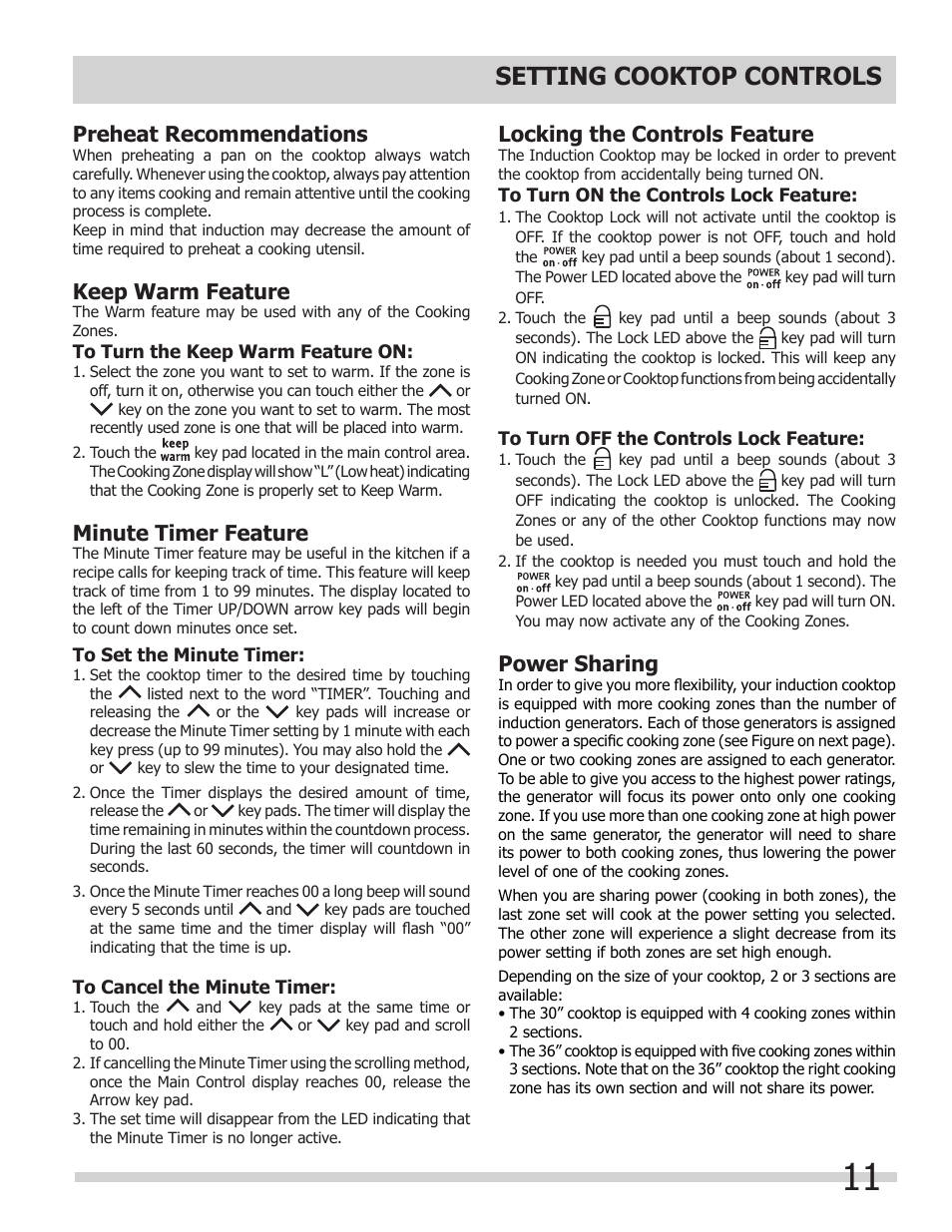 Setting cooktop controls, Preheat recommendations, Keep warm feature | Minute timer feature, Locking the controls feature, Power sharing | FRIGIDAIRE FPIC3695MS User Manual | Page 11 / 18