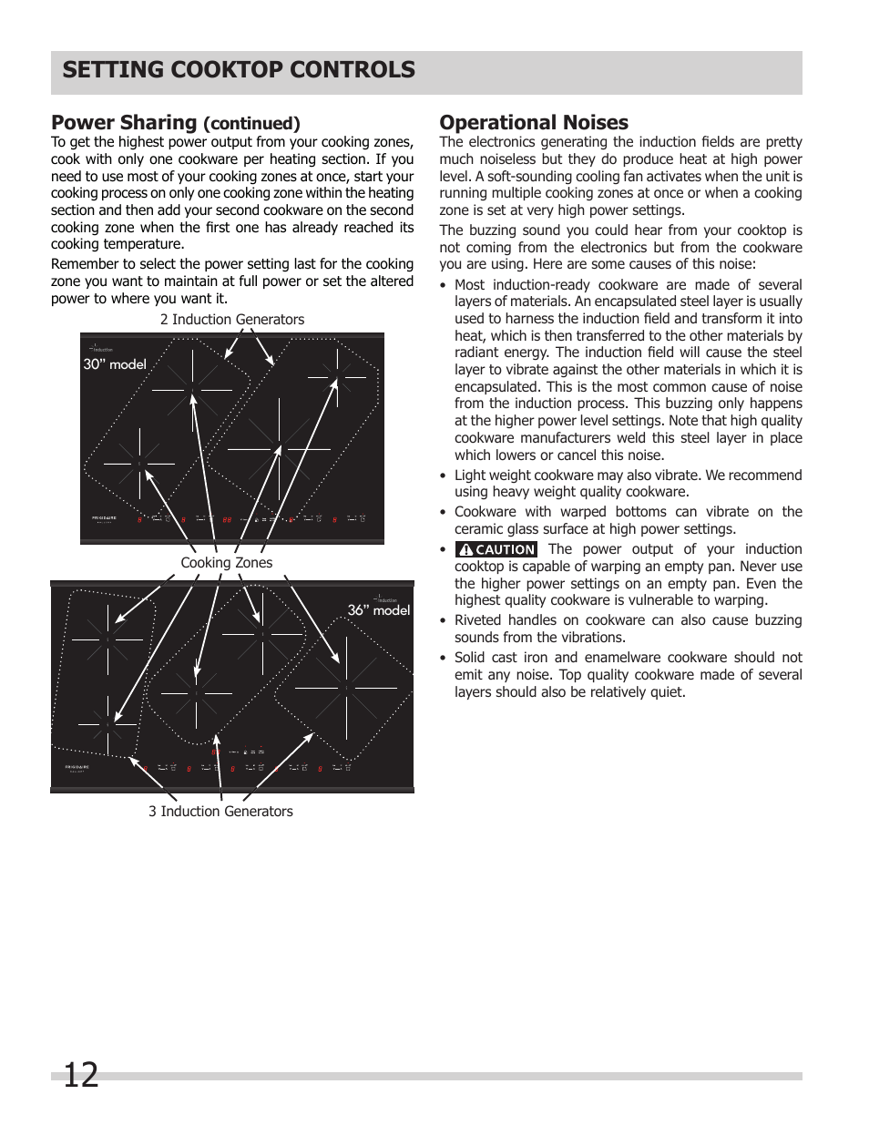 Setting cooktop controls, Power sharing, Operational noises | FRIGIDAIRE FPIC3695MS User Manual | Page 12 / 18