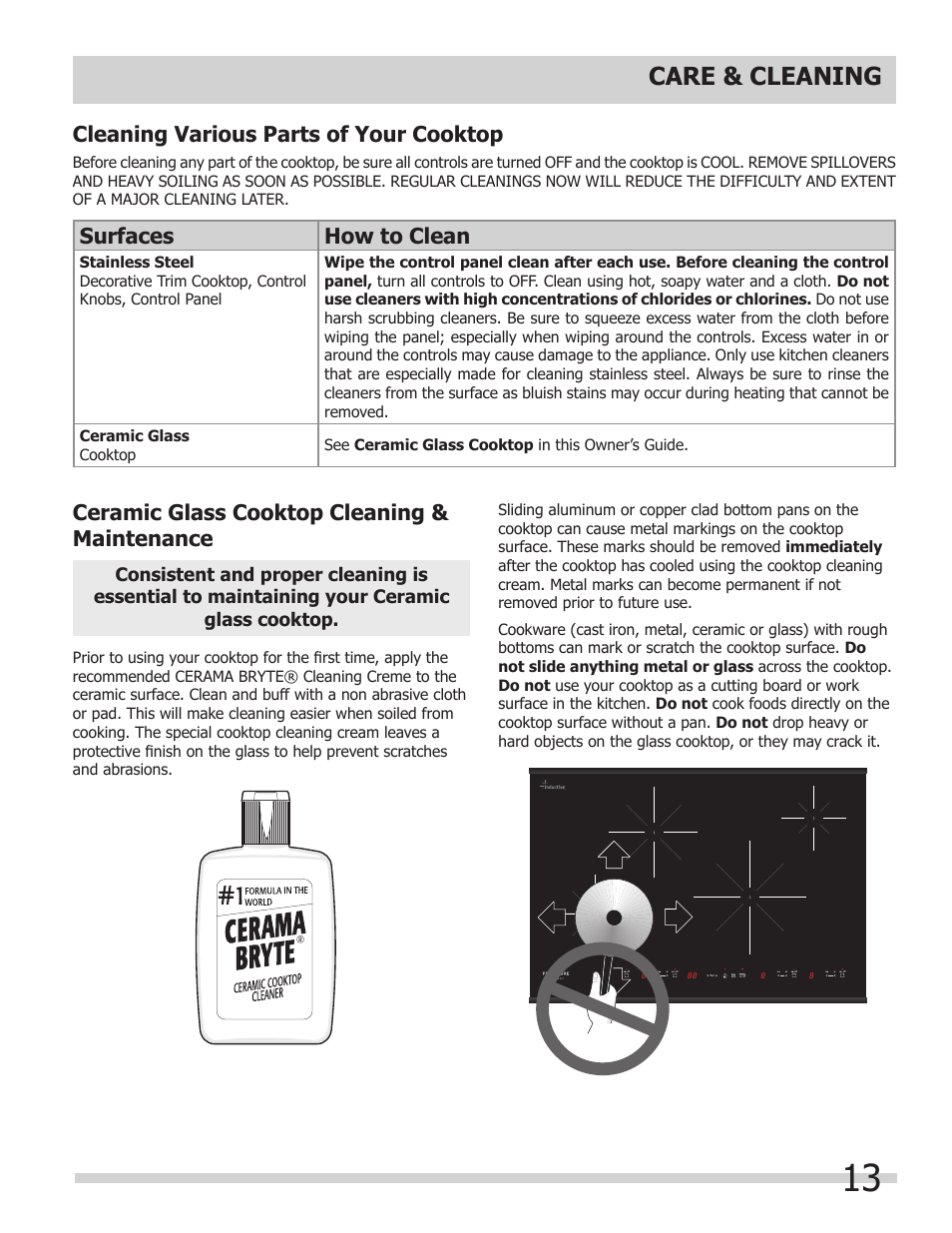 Care & cleaning, Cleaning various parts of your cooktop, Surfaces how to clean | Ceramic glass cooktop cleaning & maintenance | FRIGIDAIRE FPIC3695MS User Manual | Page 13 / 18