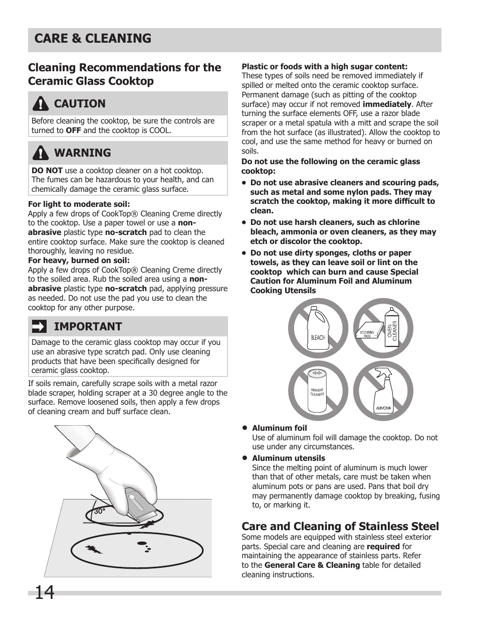 Care & cleaning, Warning, Caution | Care and cleaning of stainless steel, Important | FRIGIDAIRE FPIC3695MS User Manual | Page 14 / 18