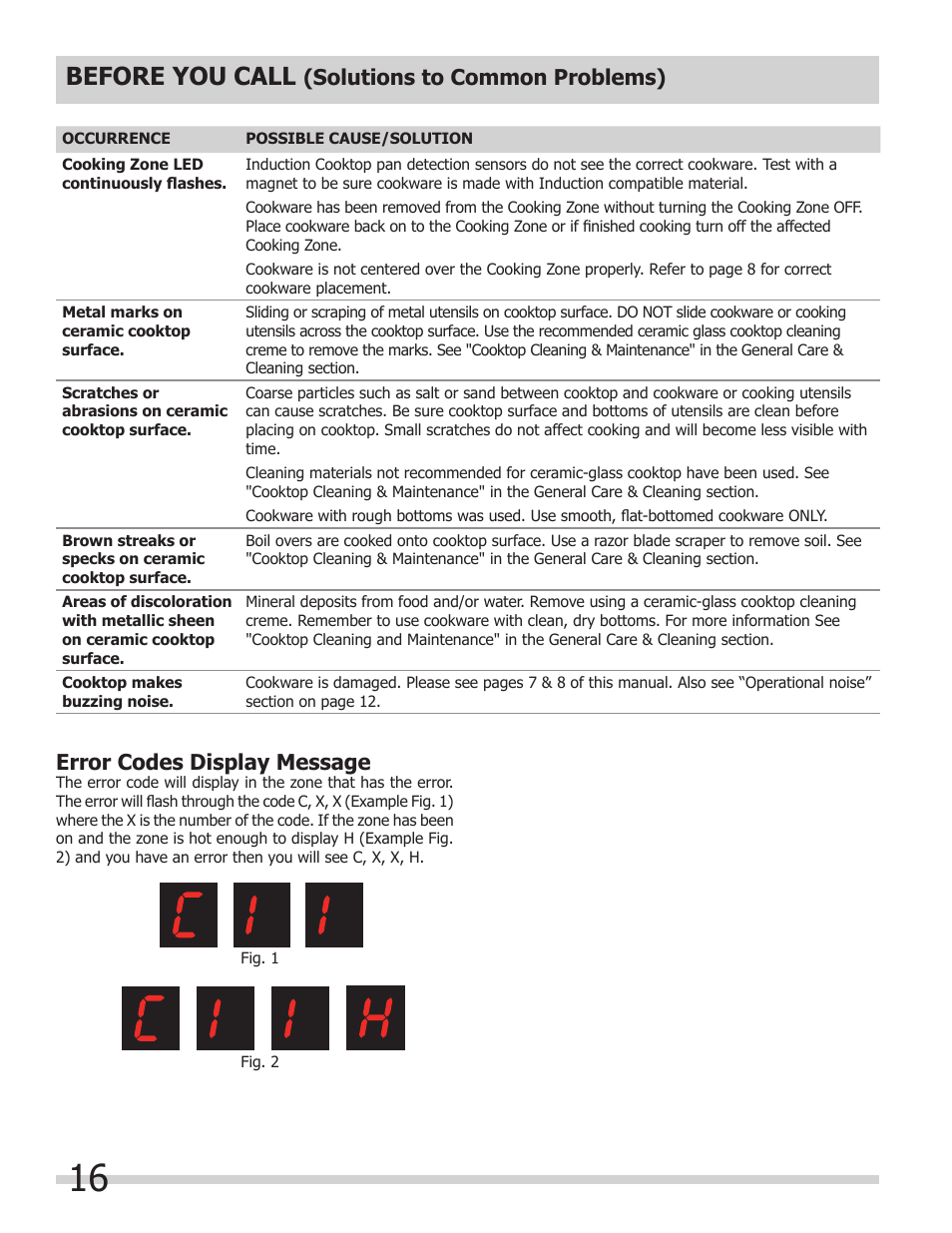 Before you call, Solutions to common problems), Error codes display message | FRIGIDAIRE FPIC3695MS User Manual | Page 16 / 18