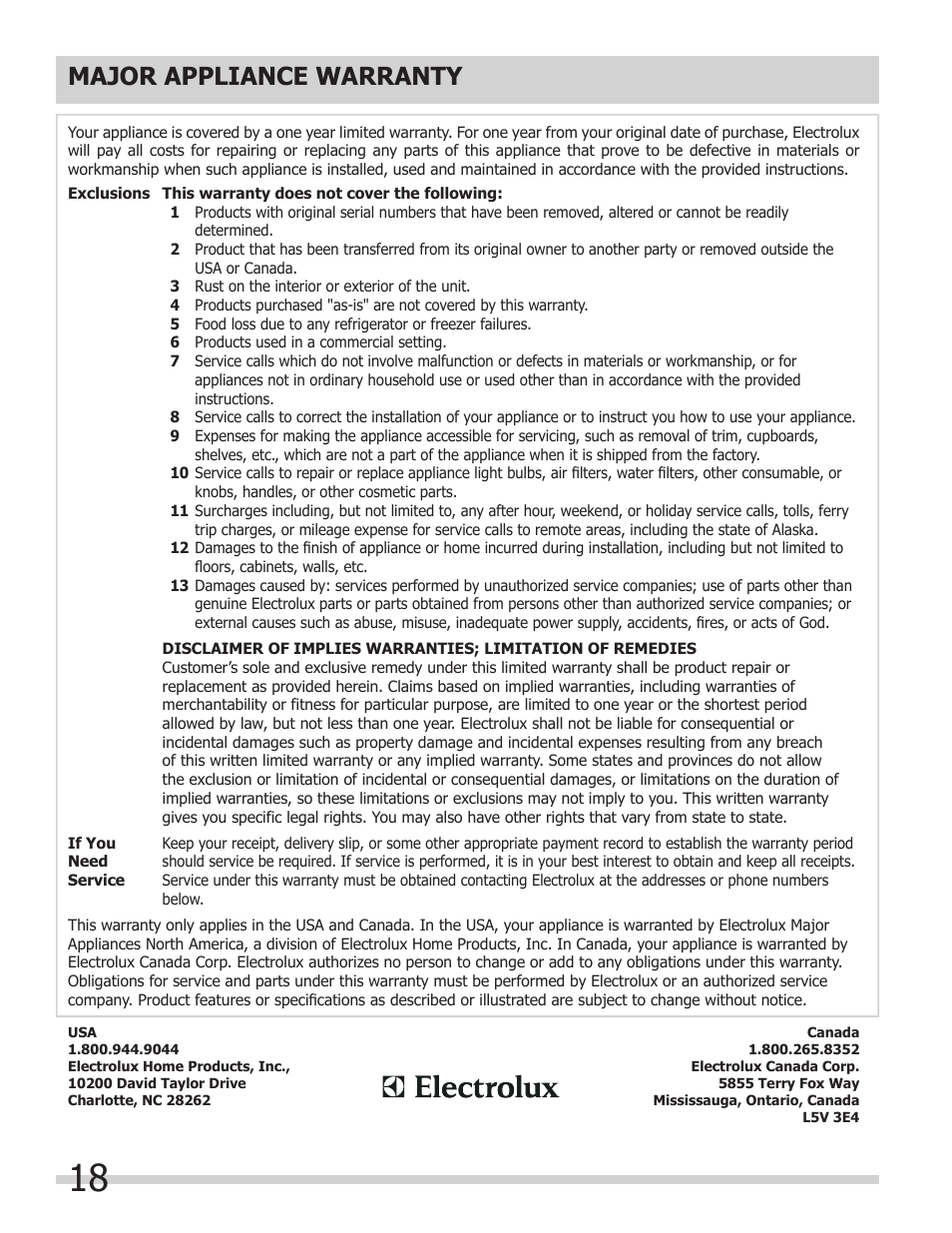 Major appliance warranty | FRIGIDAIRE FPIC3695MS User Manual | Page 18 / 18