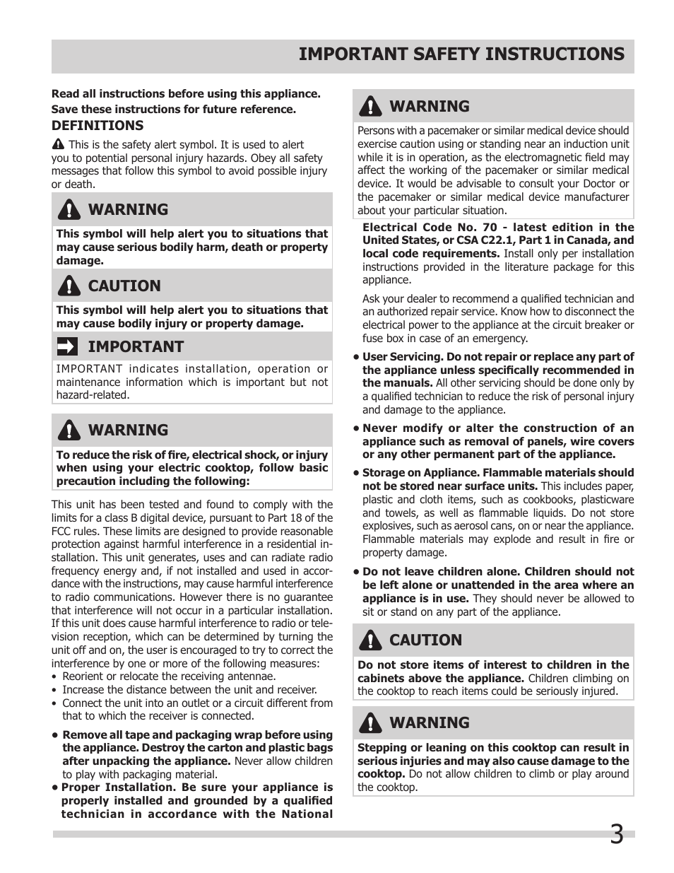 Important safety instructions, Warning, Important | Caution | FRIGIDAIRE FPIC3695MS User Manual | Page 3 / 18