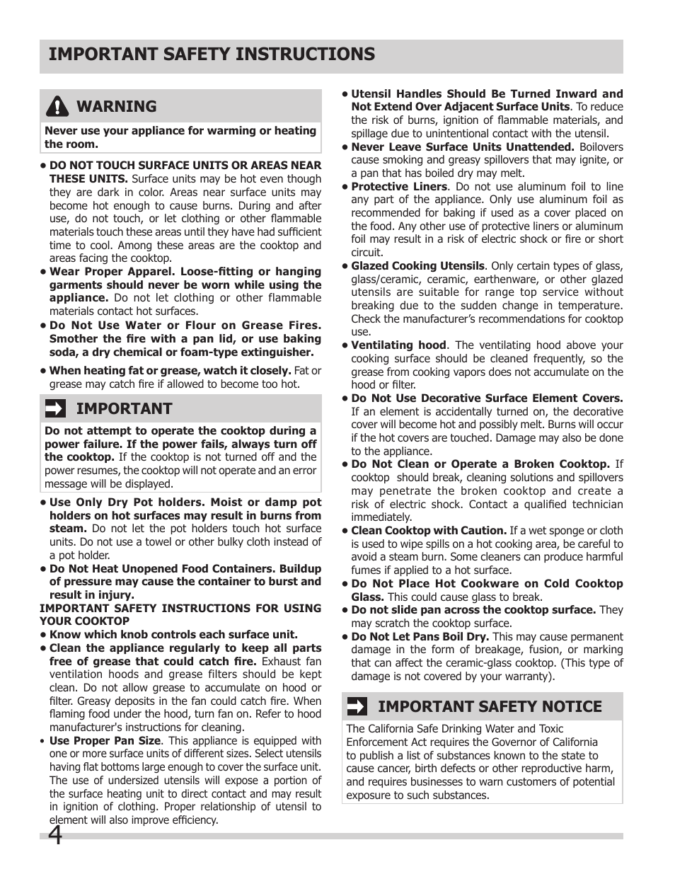 Important safety instructions, Important safety notice, Important | Warning | FRIGIDAIRE FPIC3695MS User Manual | Page 4 / 18