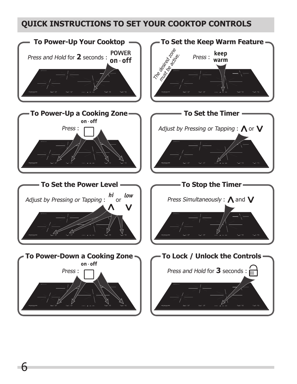 Quick instructions to set your cooktop controls | FRIGIDAIRE FPIC3695MS User Manual | Page 6 / 18
