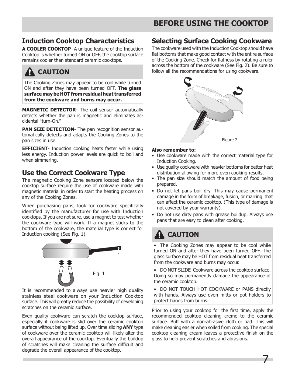 Before using the cooktop, Use the correct cookware type, Induction cooktop characteristics | Caution, Selecting surface cooking cookware | FRIGIDAIRE FPIC3695MS User Manual | Page 7 / 18