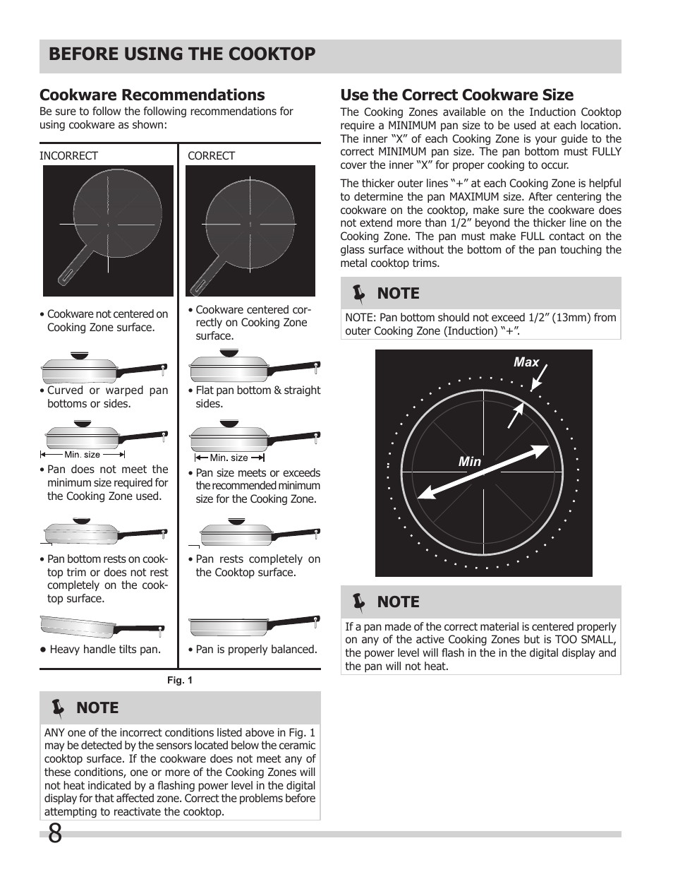 Before using the cooktop, Cookware recommendations, Use the correct cookware size | FRIGIDAIRE FPIC3695MS User Manual | Page 8 / 18