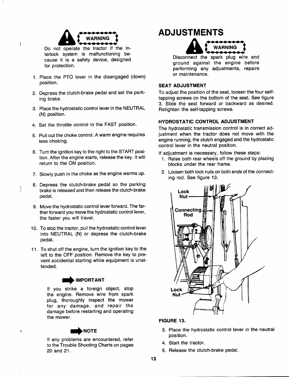 Important, Note, Warning i | Seat adjustment, Hydrostatic control adjustment, Adjustments | Bolens 138-784-401 User Manual | Page 13 / 36