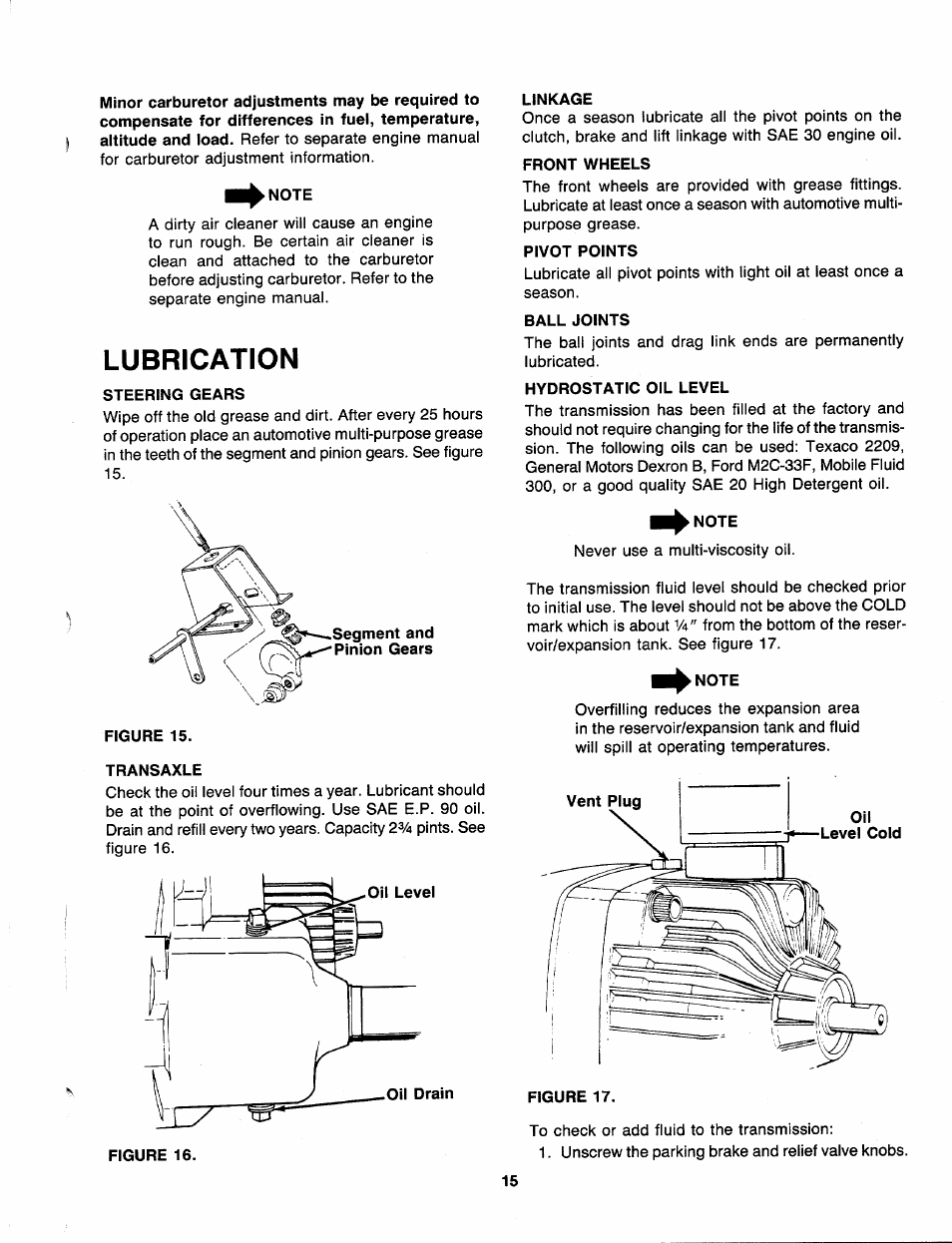 Note, Lubrication, Steering gears | Figure 15, Transaxle, Linkage, Front wheels, Pivot points, Ball joints, Hydrostatic oil level | Bolens 138-784-401 User Manual | Page 15 / 36