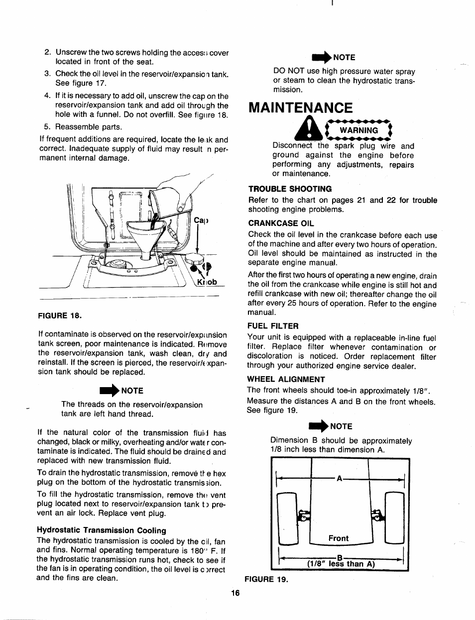 Note, Hydrostatic transmission cooling, Warning | Trouble shooting, Crankcase oil, Fuel filter, Wheel alignment, Figure 19, Trouble shooting charts -22, Maintenance | Bolens 138-784-401 User Manual | Page 16 / 36