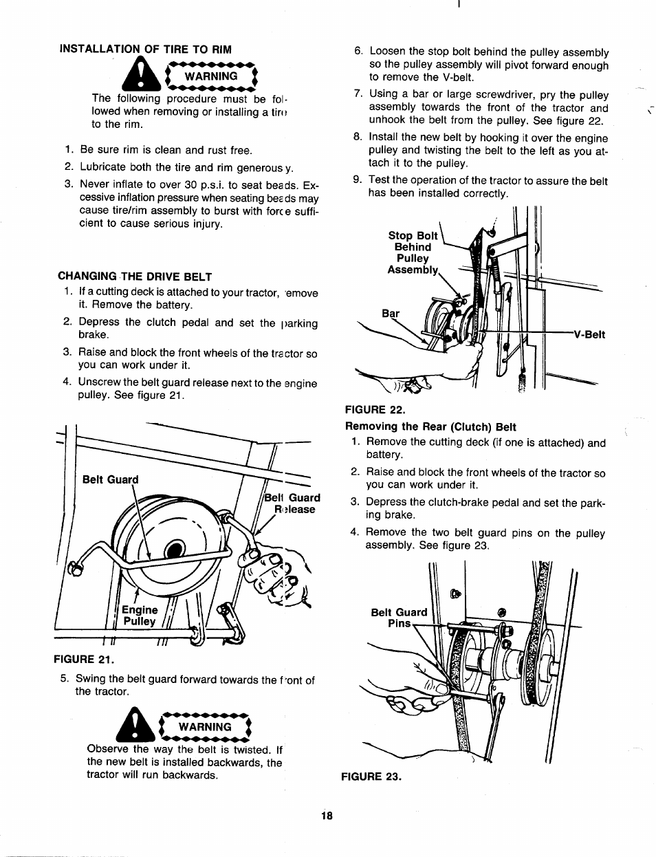 Installation of tire to rim, Changing the drive belt | Bolens 138-784-401 User Manual | Page 18 / 36