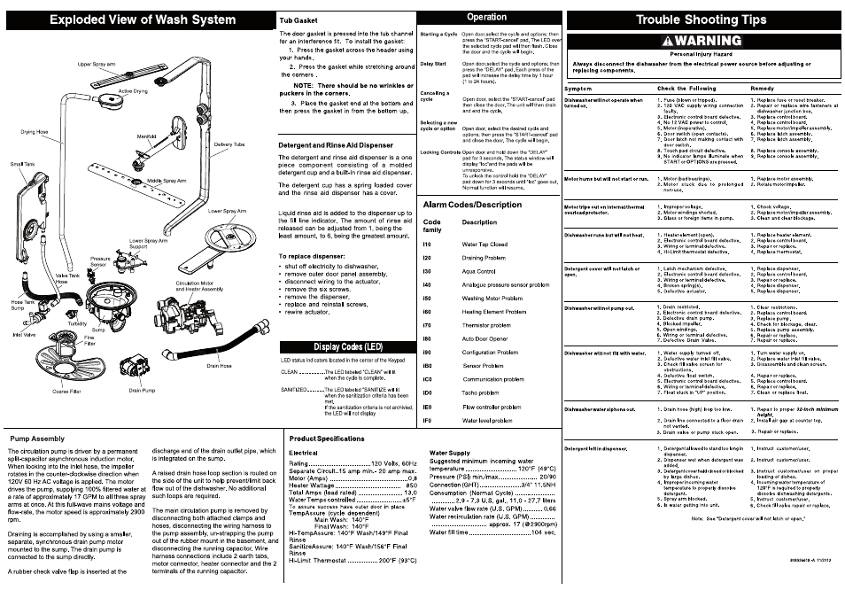 Tub gasket, Detergent and rinse aid dispenser, Display codes (led) | Pump assembly, Product specifications electrical, Awarning, Exploded view of wash system, Trouble shooting tips | FRIGIDAIRE FPID2495QF User Manual | Page 2 / 2